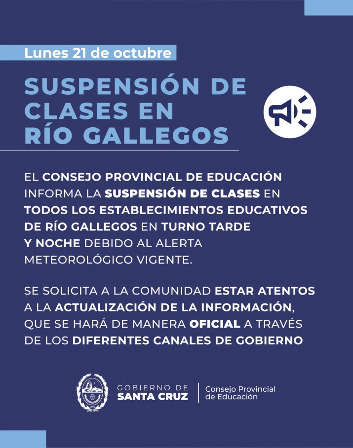 Santa Cruz: suspendieron las clases en cuatro localidades por alerta meteorolgico 