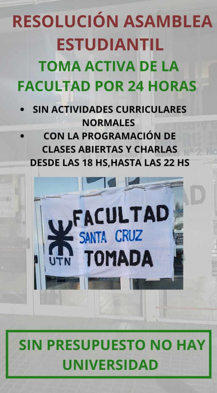 Estudiantes toman la UTN durante 24 horas en Santa Cruz 