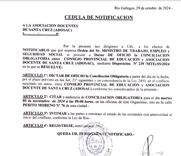 Conflicto docente en Santa Cruz: el ministerio de Trabajo dict la conciliacin obligatoria 