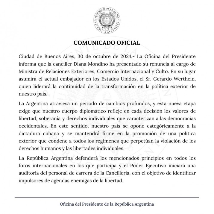 Persecusin ideolgica? tras la salida de Mondino, el Gobierno realizar auditoria en Cancillera para  "identificar impulsores de agendas enemigas de la libertad"