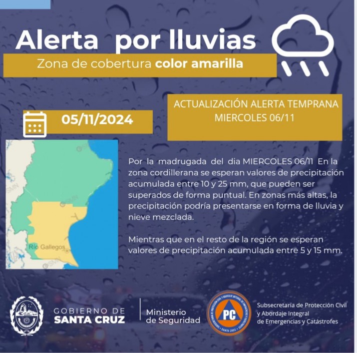 Hay fuertes lluvias en Ro Gallegos y se pronostica que sigan por la madrugada 