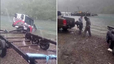 Santa Cruz: se cayó una camioneta que llevaba turistas en un reconocido lago y los rescataron transportistas de la zona  