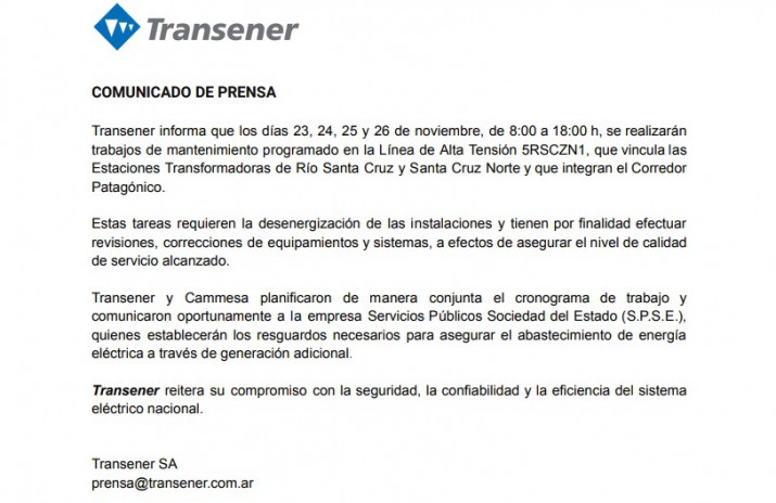 Corte de energa en Santa Cruz: los horarios, la localidad que podra no ser afectada y cmo Transener confirm la interrupcin del servicio y lo comunic hace semanas a SPSE