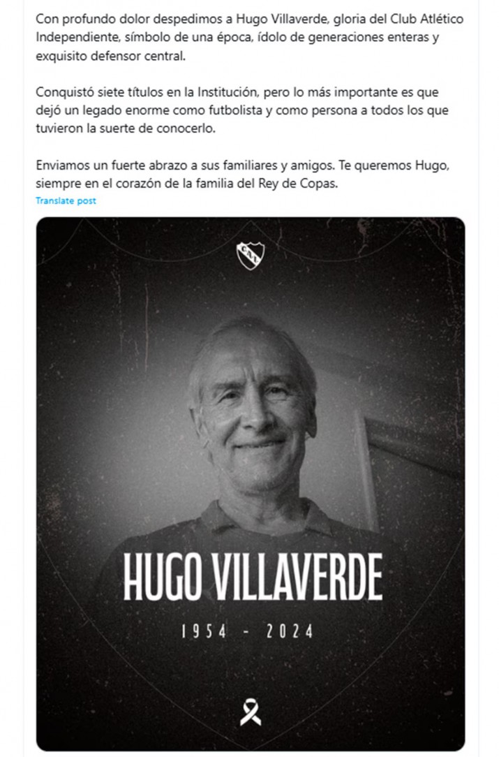 Dolor en el ftbol argentino: muri Hugo Villaverde, leyenda de Independiente