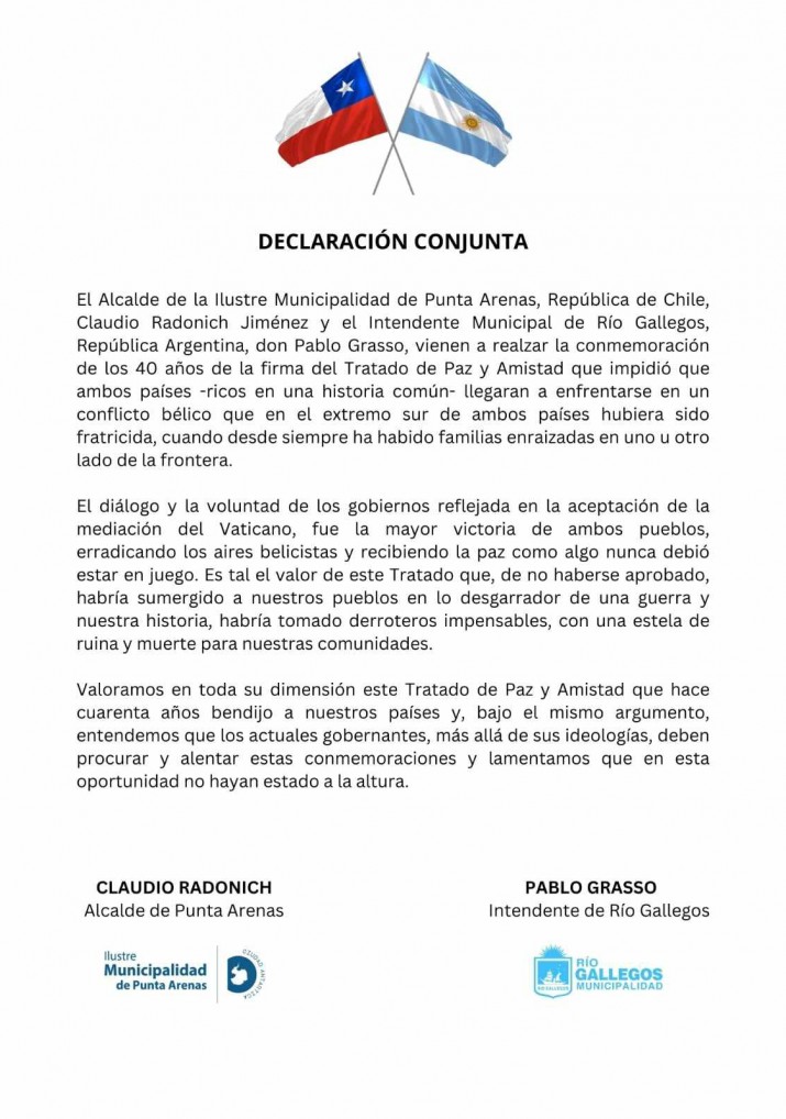 Grasso y Radonich firmaron una Declaracin conjunta por los 40 aos del Tratado de Paz y Amistad 