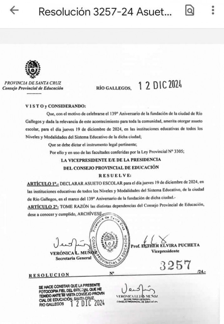 Ro Gallegos: el CPE anunci asueto escolar para el 19 de diciembre por el Aniversario de la ciudad 