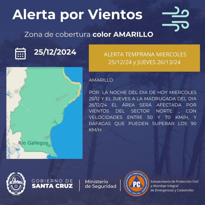 Alerta por fuertes vientos para la madrugada y todo el jueves en una zona de Santa Cruz 