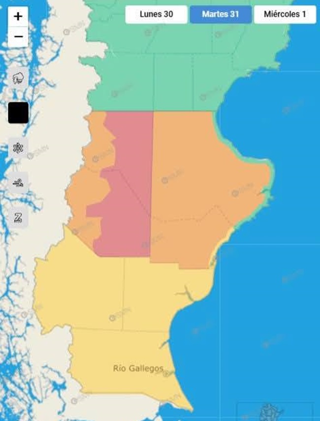 El mapa con el tipo de alerta para cada zona de la provincia