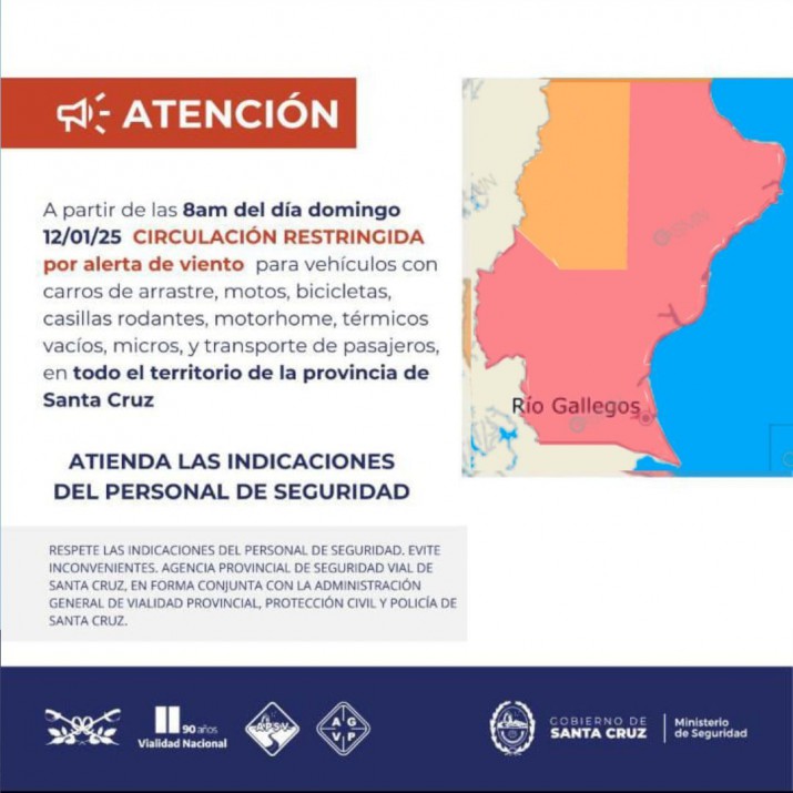 Por fuertes vientos y alerta roja: hay restriccin de circulacin en Santa Cruz